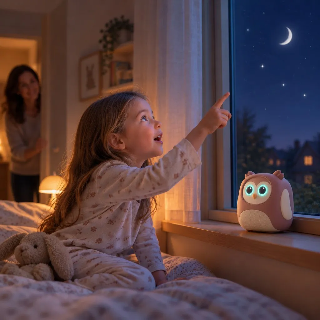 Mädchen zeigt abends zum Mond und fragt Felli Home auf der Fensterbank, die Mutter schaut lächelnd zu